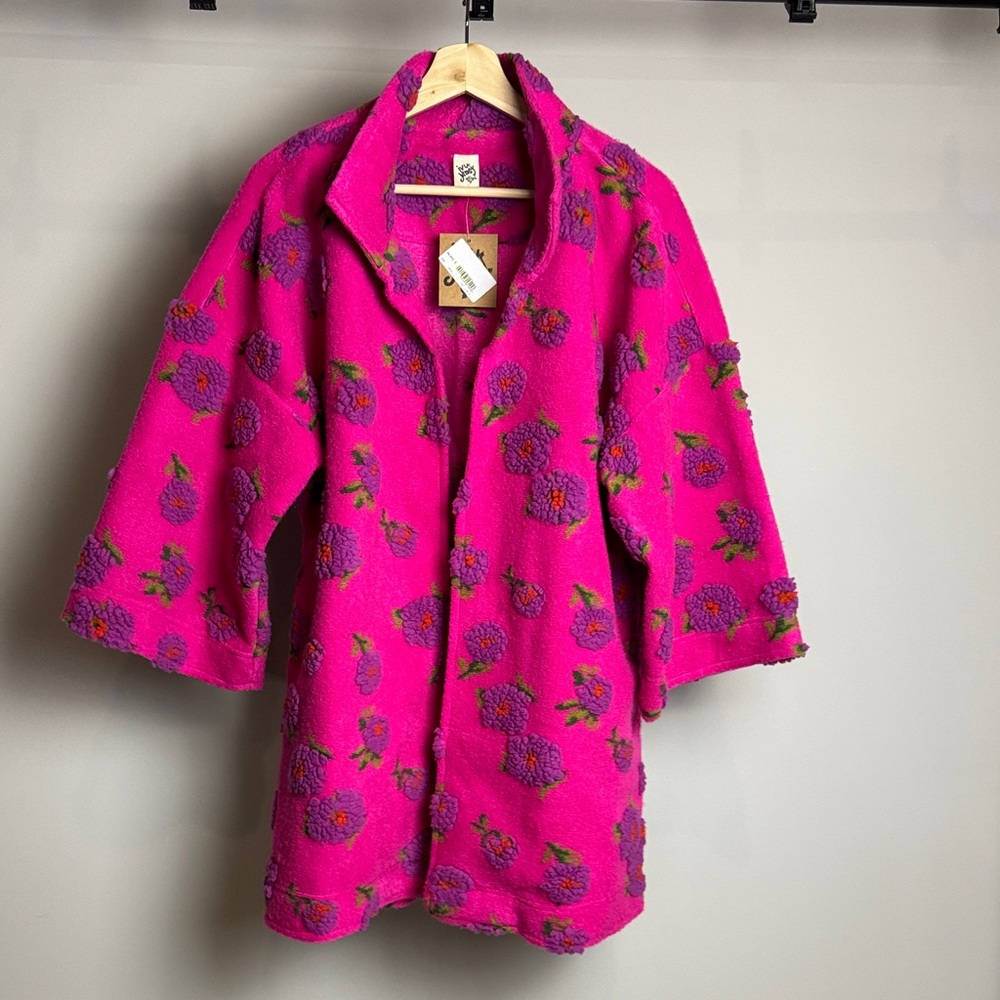 ivy jane Hot Pink Floral Teddy Jacket with Purple Embroidery woman’s size M